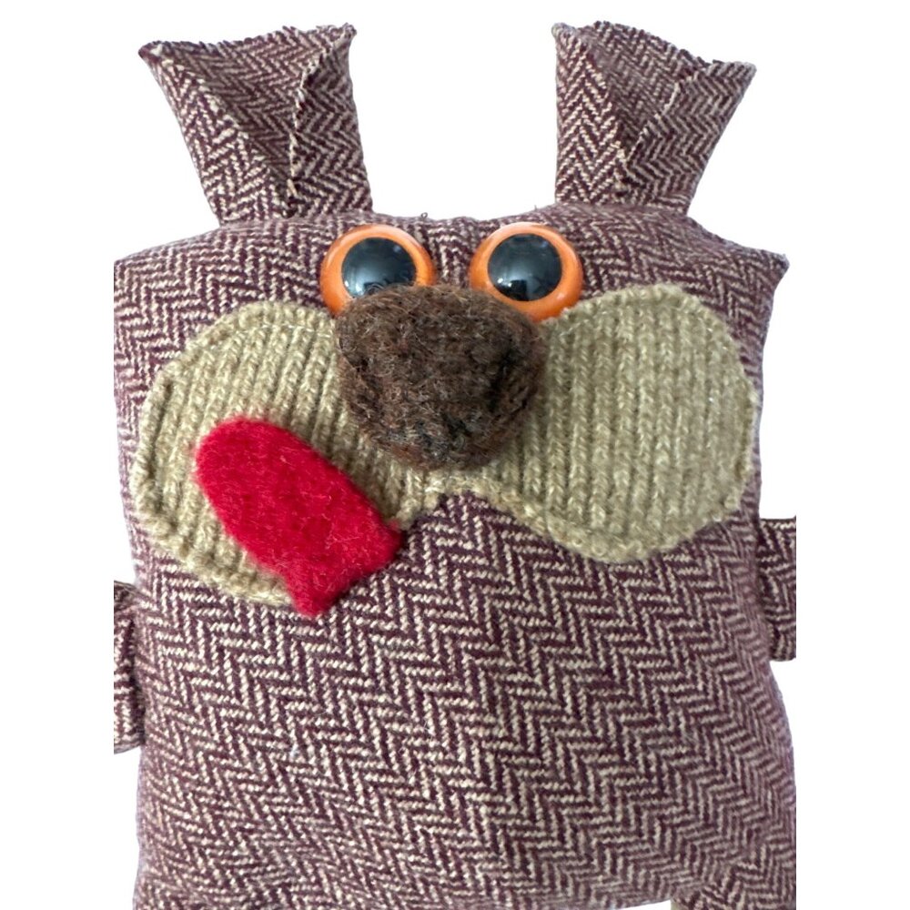 Handmade Dog Plush Toy Brown Herringbone Pattern & Button Eyes 8.5 in Vintage - Picture 4 of 9